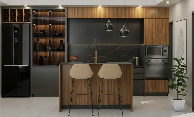 Modern kitchen in matte charcoal and walnut with a black marble backsplash, brass tap and two upholstered bar stools