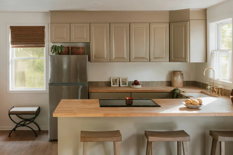 Olive-painted raised-panel cabinets with butcher-block counters, green zellige tile and a brass gooseneck tap
