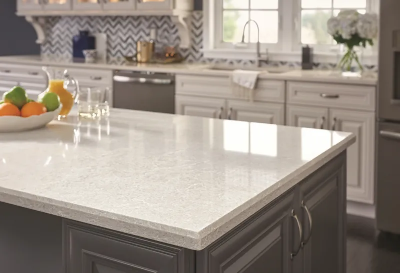 Close view of a pale speckled quartz island countertop with an eased edge, fruit and glassware on the surface